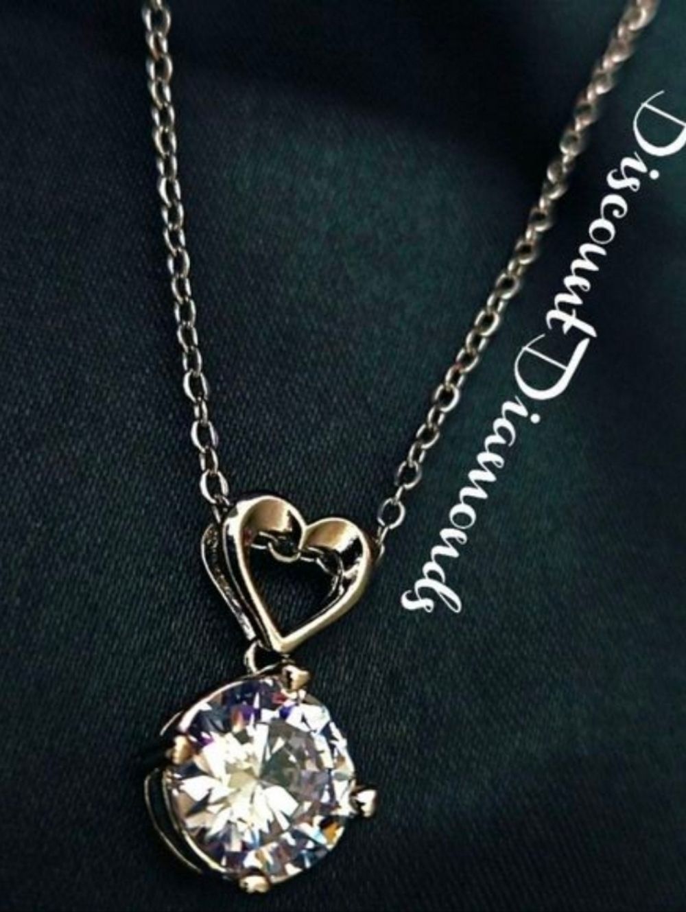 Clear White Round Diamond Pendant on Heart Shaped 925 Silver Necklace